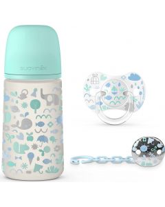 Set Biberon 270 ml Lento+Succhietto+Catenella 0-6 M Azzurro Memories