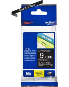 Nastro per Etichettatrice 9mm Bianco su fondo Nero TZE325