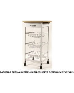 Carrello Cucina Legno 3 Cestelli Acciaio cm 37x37x76h MER11520